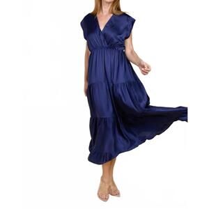 NEW SOFIA mishal tiered satin maxi dress in forest navy